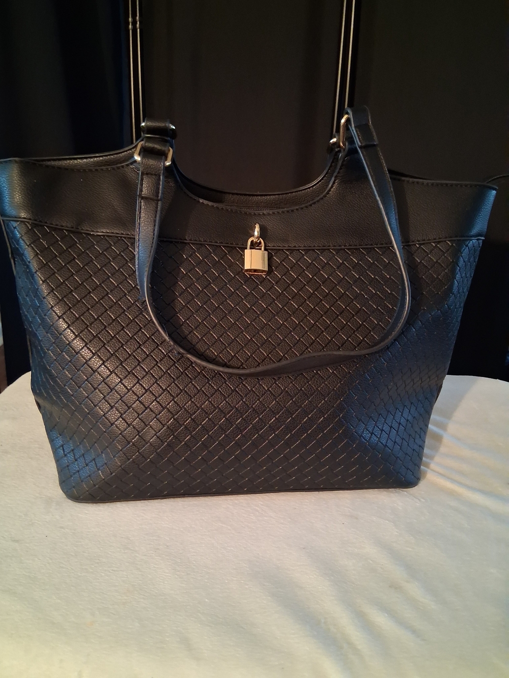 Classic Black Woven Tote Bag with Gold Lock